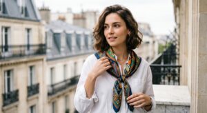 A high-end editorial close-up of a stylish woman wearing a minimalist white shirt accented by a vibr