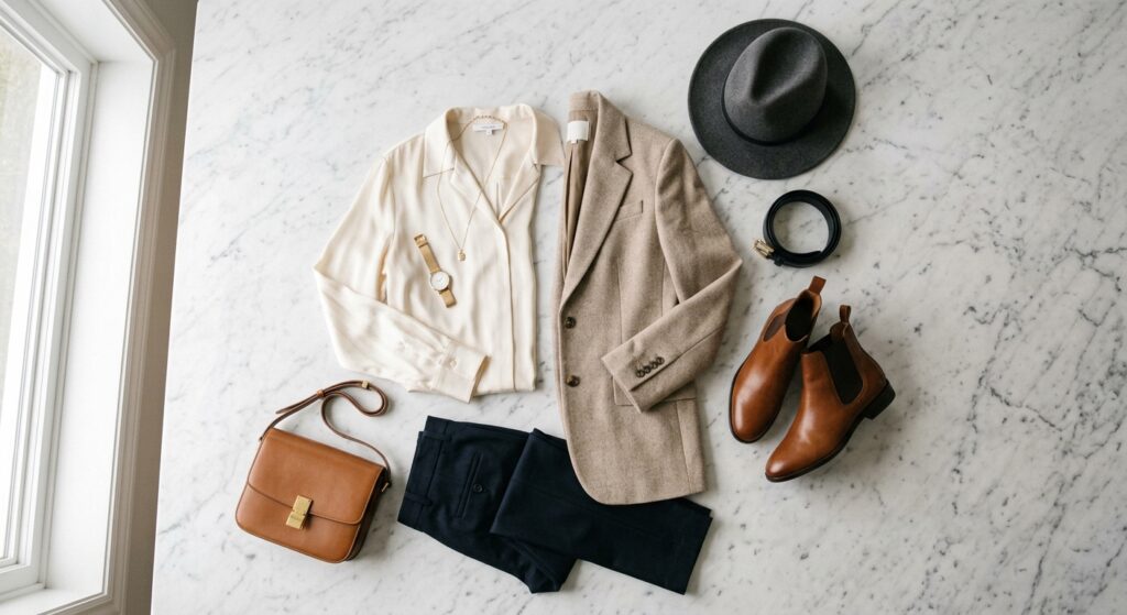A minimalist and elegant flat lay featuring high-quality neutral-toned clothing essentials like a si