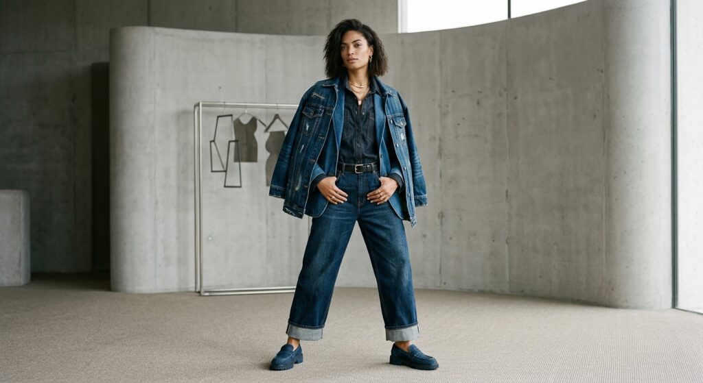 A stylish editorial portrait of a model wearing a sophisticated, layered denim total look against a