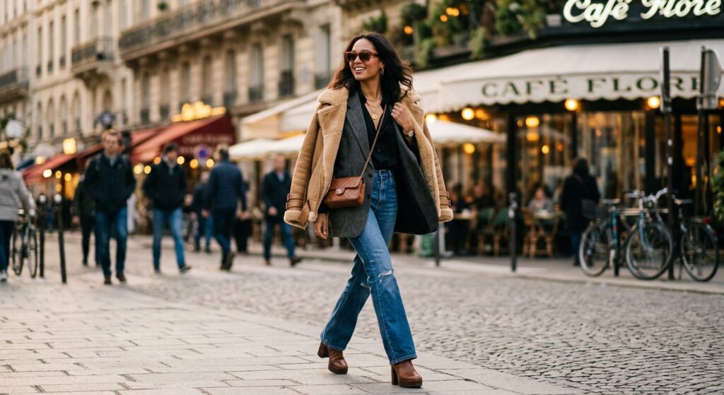 A chic, editorial-style street fashion photograph capturing a stylish individual wearing a modern ou