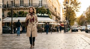 A sophisticated editorial shot of a stylish woman wearing a classic trench coat and silk scarf, stro
