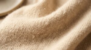 A high-end editorial close-up of a luxurious, soft beige cashmere sweater texture with visible natur