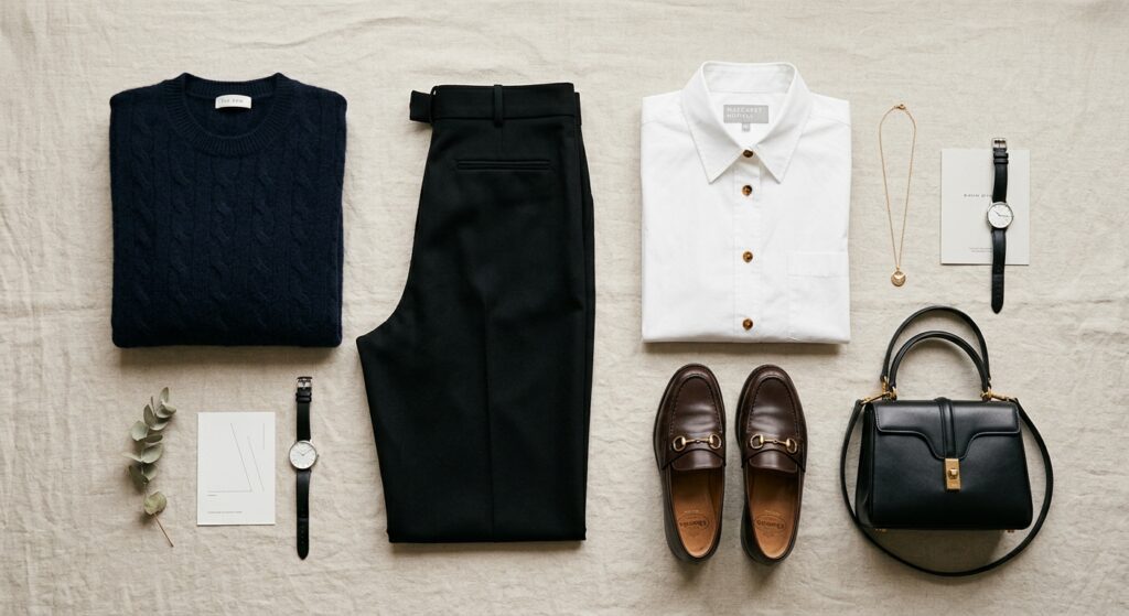 A sophisticated, editorial-style flat lay of five timeless and modern fashion essentials arranged el