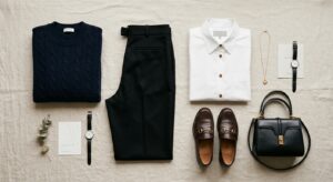 A sophisticated, editorial-style flat lay of five timeless and modern fashion essentials arranged el