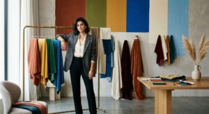 A high-end editorial fashion shot featuring a stylish woman in a minimalist studio setting, surround