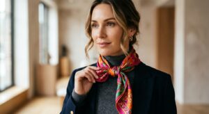A high-end editorial close-up of a stylish woman wearing a vibrant silk scarf tied elegantly around