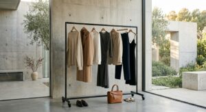 A sophisticated minimalist wardrobe display featuring neutral-toned high-fashion garments curated on