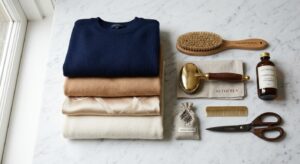 A sophisticated professional flat-lay of luxurious silk and cashmere fabrics neatly folded next to h