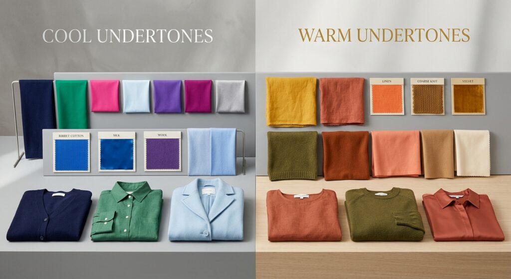 A sophisticated, editorial-style composition featuring a diverse selection of fabric swatches and co