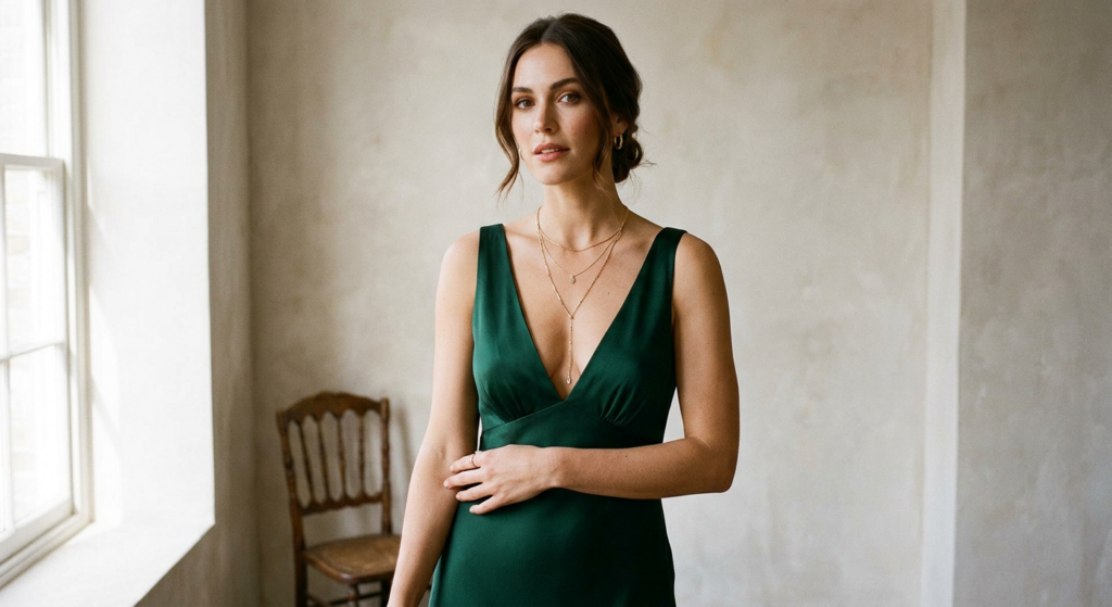 A sophisticated editorial shot of a woman in an elegant dress with a deep neckline, wearing a layere