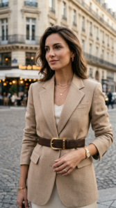 A high-end editorial close-up of a stylish woman wearing a premium leather belt with a gold buckle o