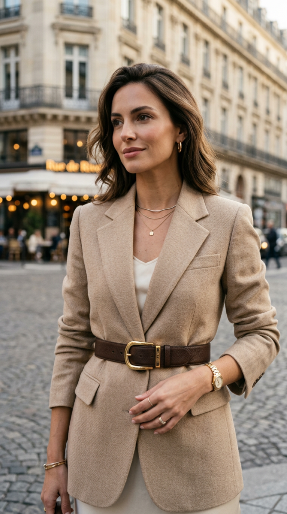 A high-end editorial close-up of a stylish woman wearing a premium leather belt with a gold buckle o
