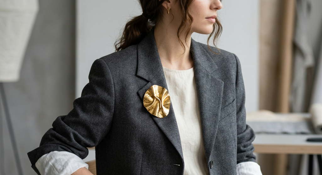 A close-up editorial shot of a minimalist grey office blazer adorned with a bold, oversized gold sta