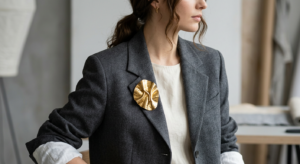 A close-up editorial shot of a minimalist grey office blazer adorned with a bold, oversized gold sta