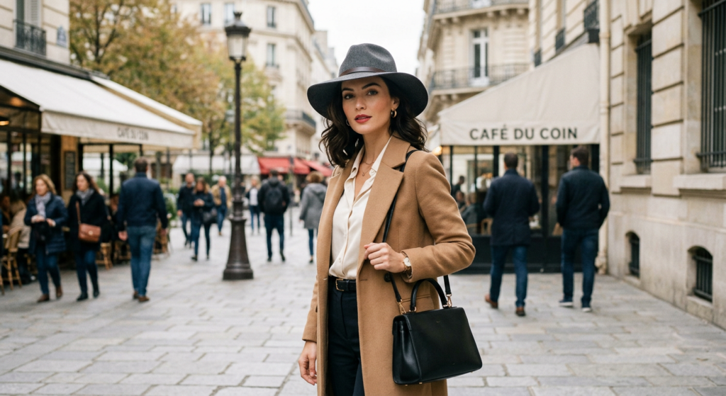 A stylish woman wearing an elegant wide-brimmed felt hat, captured in a chic urban setting with soft