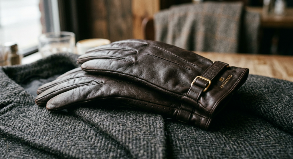 A high-end editorial close-up of high-quality leather gloves resting elegantly on the wool texture o