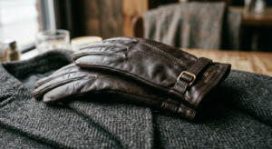 A high-end editorial close-up of high-quality leather gloves resting elegantly on the wool texture o