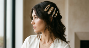 A high-end editorial close-up of a stylish woman's hair adorned with elegant, ornate gold and pearl