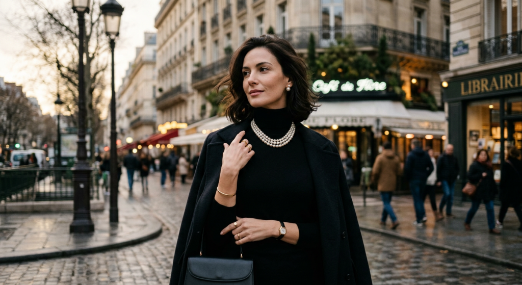 An elegant, cinematic editorial photograph of a stylish woman in a minimalist black turtleneck and p