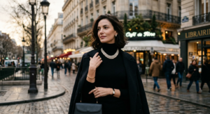 An elegant, cinematic editorial photograph of a stylish woman in a minimalist black turtleneck and p