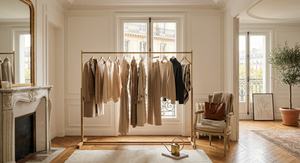 A minimalist, chic Parisian aesthetic featuring a curated rack of high-quality neutral-toned clothin