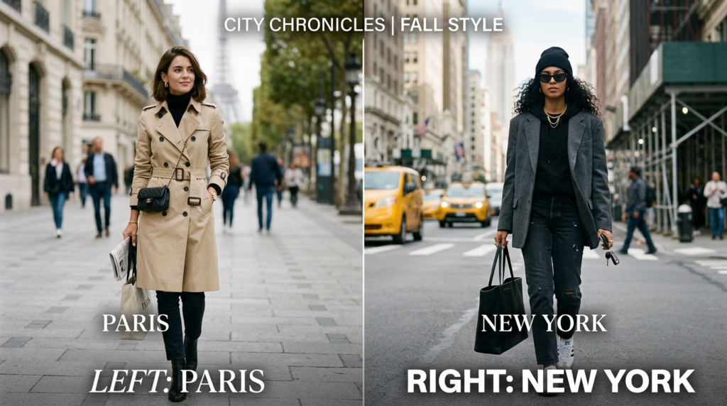 A split-screen editorial fashion composition featuring a chic Parisian woman in a tailored trench co