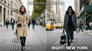 A split-screen editorial fashion composition featuring a chic Parisian woman in a tailored trench co
