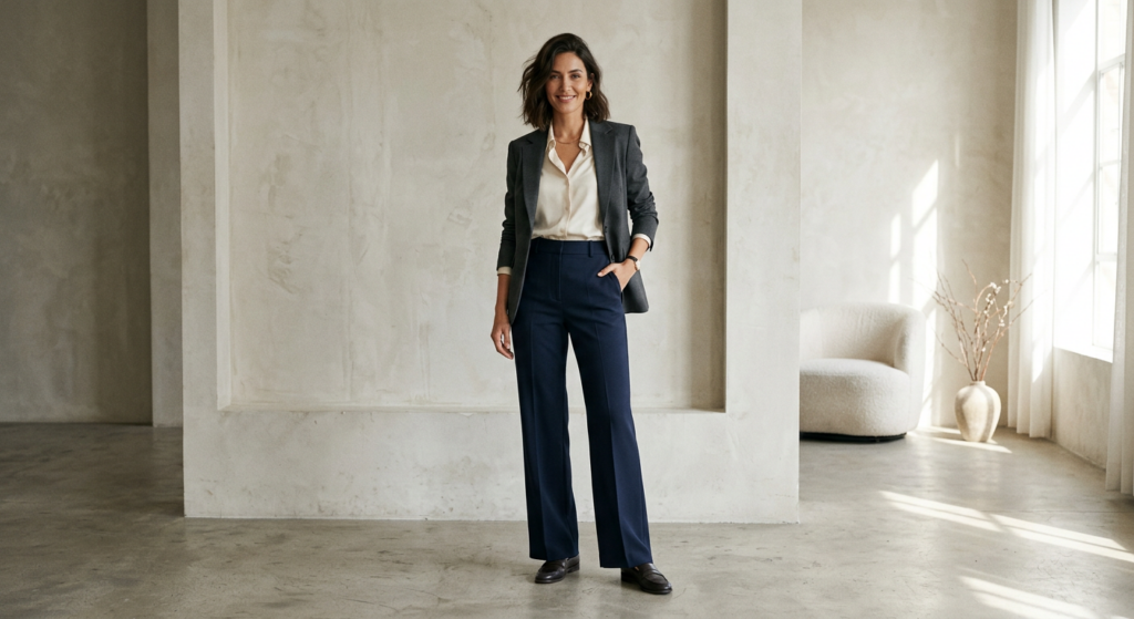 A professional editorial fashion photograph of a stylish woman confidently wearing perfectly tailore