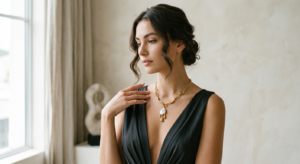 A stylish, high-fashion editorial close-up of a woman wearing a sophisticated necklace that perfectl