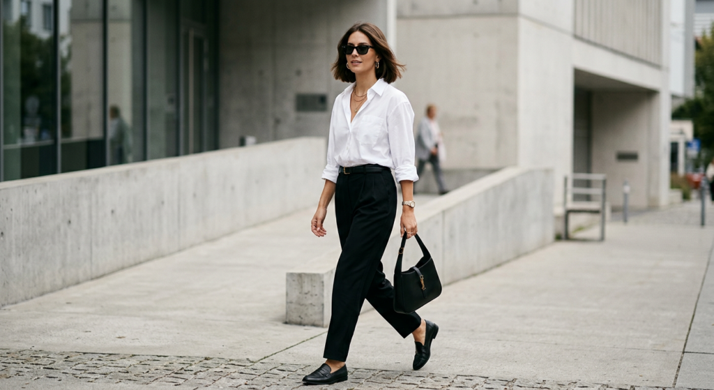 A stylish woman wearing a crisp white shirt in a chic, minimalist urban setting, captured in high-en