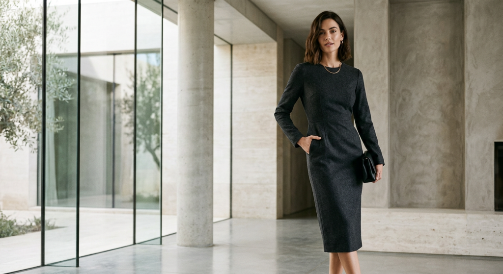 A sophisticated editorial shot of a woman in an elegant, fitted midi pencil dress that accentuates a