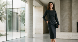 A sophisticated editorial shot of a woman in an elegant, fitted midi pencil dress that accentuates a