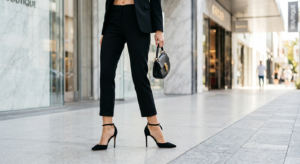 A high-end editorial fashion shot capturing a stylish woman's lower half in tailored cigarette trous