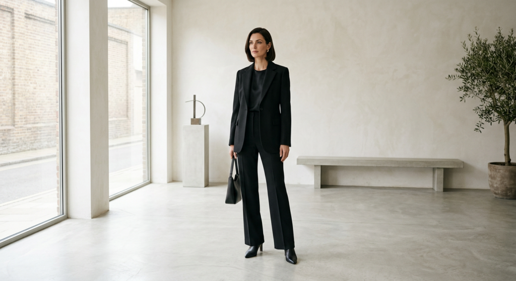 A high-end editorial fashion shot of a stylish woman in a tailored monochromatic outfit standing in