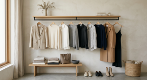 A minimalist, editorial-style photograph of a curated, organized capsule wardrobe featuring a neutra