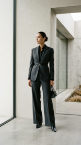 A high-end editorial fashion photograph of a stylish woman in a perfectly tailored outfit, emphasizi