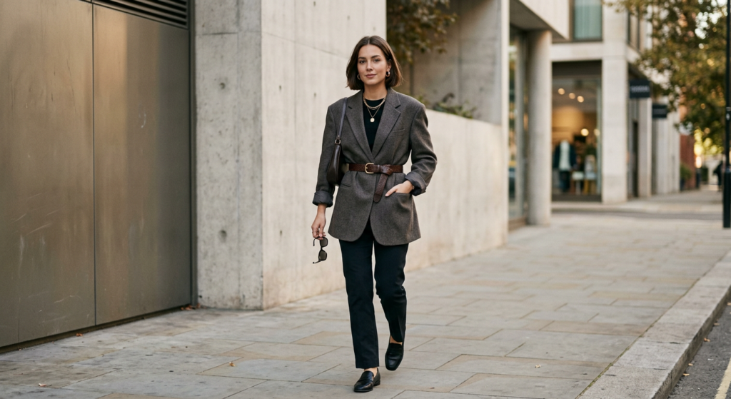 A chic, editorial-style photograph of a fashionable woman wearing a stylish, oversized blazer cinche