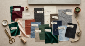 A high-end editorial flat-lay showcasing a variety of high-quality fabric swatches including silk, l