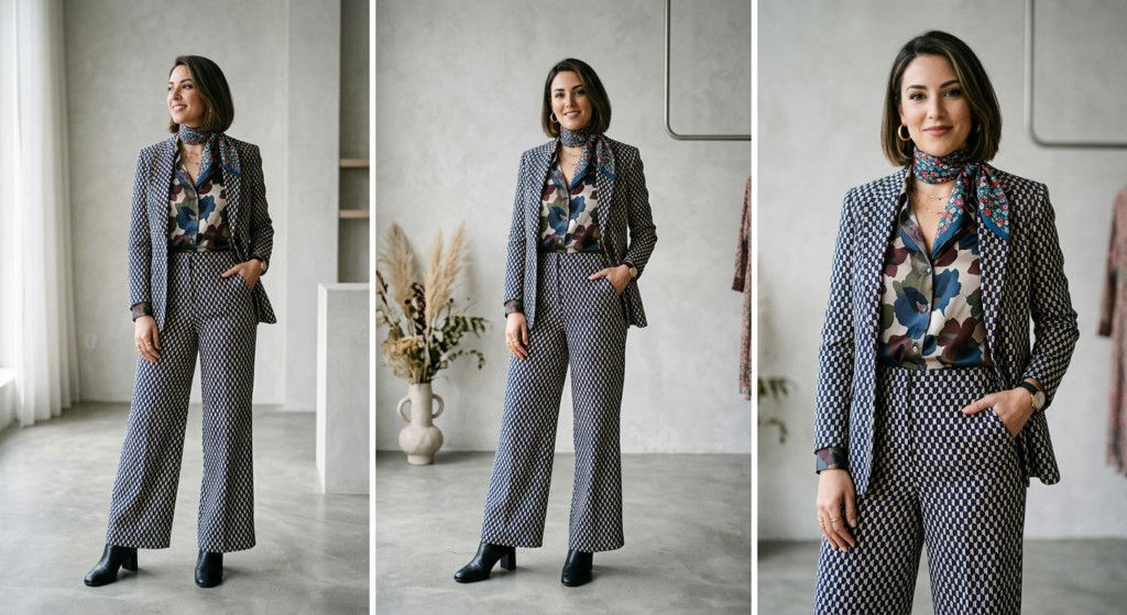 A stylish, editorial-quality shot of a modern woman confidently wearing a sophisticated outfit featu
