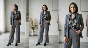 A stylish, editorial-quality shot of a modern woman confidently wearing a sophisticated outfit featu