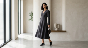 A professional editorial photograph of a stylish woman wearing a flattering, well-tailored dress tha