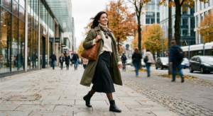 A stylish woman in a layered transitional outfit walking down a modern city street on a breezy autum