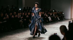 A sophisticated editorial shot capturing a high-fashion model walking a minimalist runway in an avan