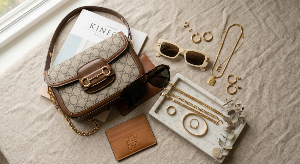 A stylish, editorial-style flat lay featuring a mix of trendy designer accessories, sunglasses, and