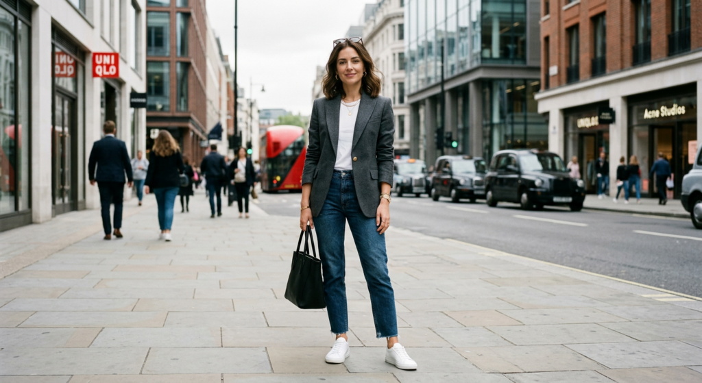 A stylish woman standing on a modern city street, effortlessly combining a structured tailored blaze
