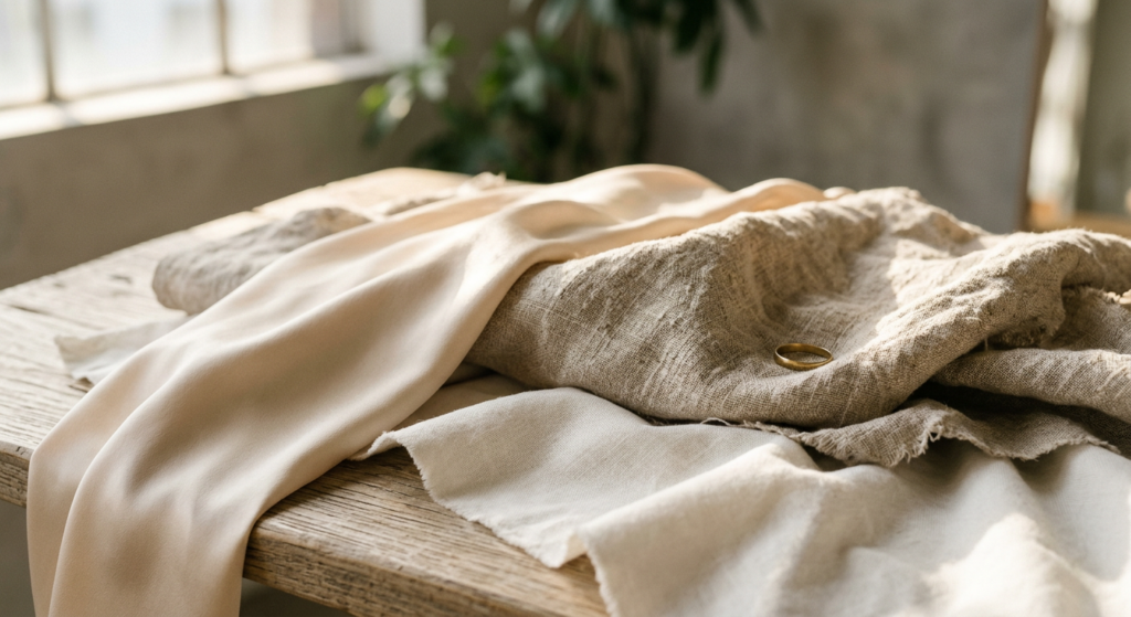 A high-end editorial close-up shot of luxurious, high-quality fabric textures including silk, linen,