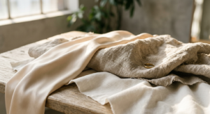 A high-end editorial close-up shot of luxurious, high-quality fabric textures including silk, linen,