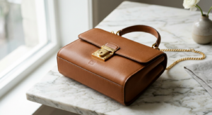 An elegant, editorial-style close-up of a high-end designer leather handbag resting on a minimalist