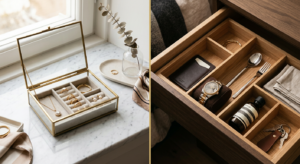 A high-end editorial split-screen composition featuring a chic glass jewelry box on a marble surface