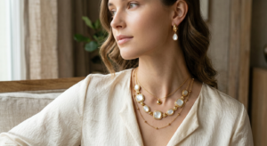 A sophisticated editorial close-up of a woman’s neck and décolletage wearing elegant gold jewelry al